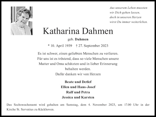 Traueranzeige von Katharina Dahmen von Zeitung am Sonntag