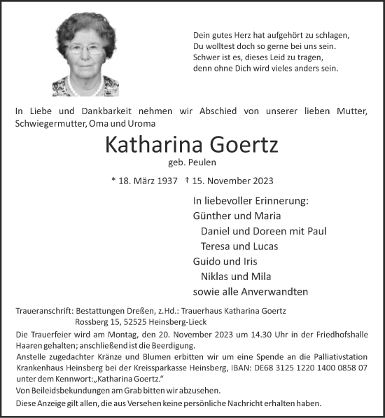 Traueranzeige von Katharina Goertz von Zeitung am Sonntag