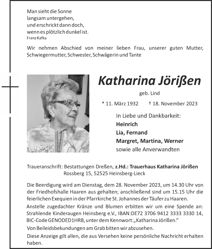  Traueranzeige für Katharina Jörißen vom 26.11.2023 aus Zeitung am Sonntag