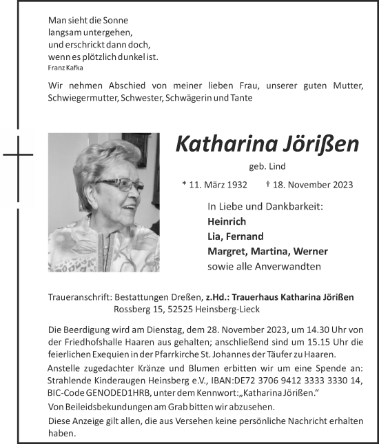 Traueranzeige von Katharina Jörißen von Zeitung am Sonntag