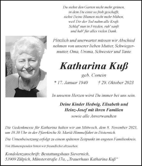 Traueranzeige von Katharina Kuß von Zeitung am Sonntag