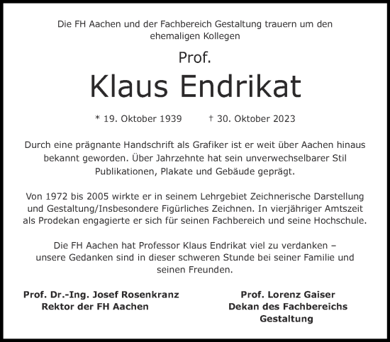 Traueranzeige von Klaus Endrikat von Aachener Zeitung
