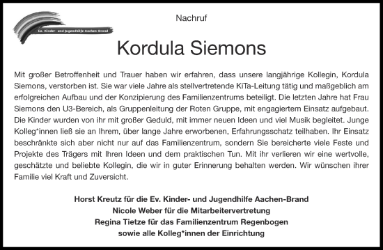 Traueranzeige von Kordula Siemons von Aachener Zeitung