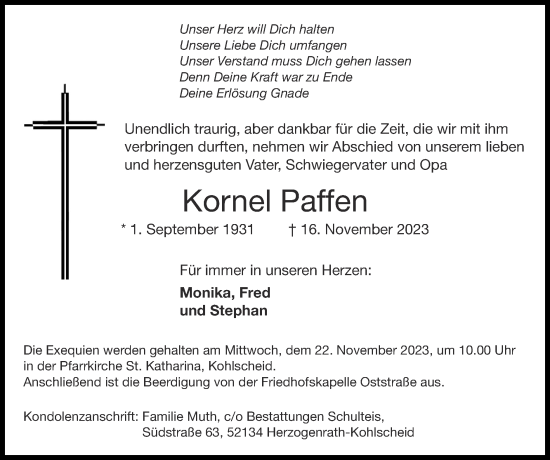 Traueranzeige von Kornel Paffen von Zeitung am Sonntag