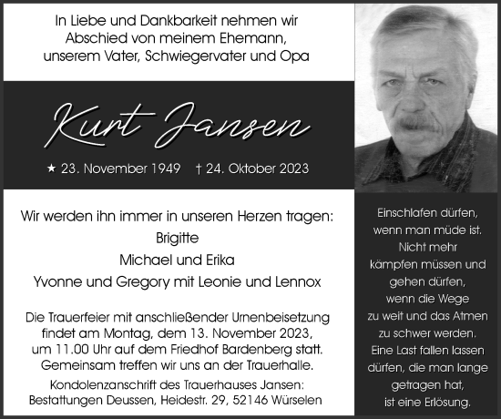 Traueranzeige von Kurt Jansen von Zeitung am Sonntag