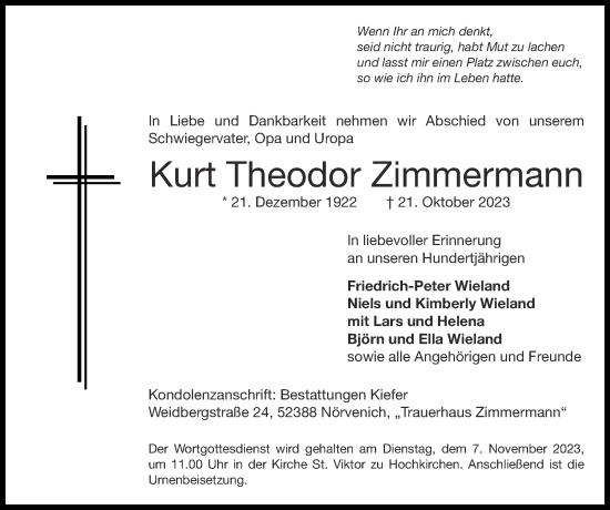 Traueranzeige von Kurt Theodor Zimmermann von Zeitung am Sonntag