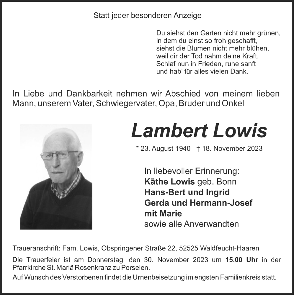  Traueranzeige für Lambert Lowis vom 26.11.2023 aus Zeitung am Sonntag