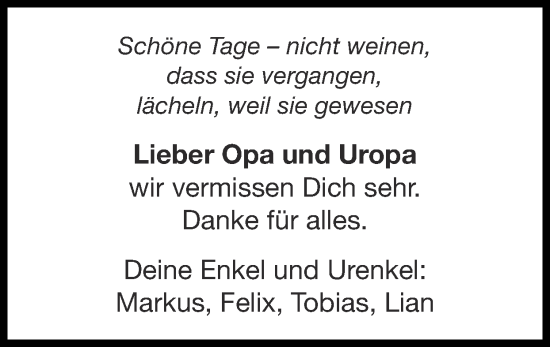 Traueranzeige von Lieber Opa und Uropa  von Zeitung am Sonntag
