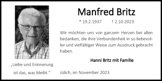 Traueranzeige von Manfred Britz von Zeitung am Sonntag