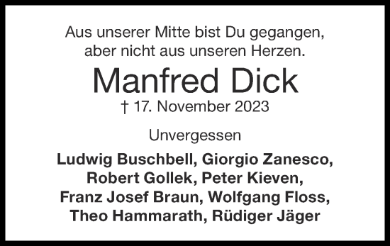 Traueranzeige von Manfred Dick von Zeitung am Sonntag