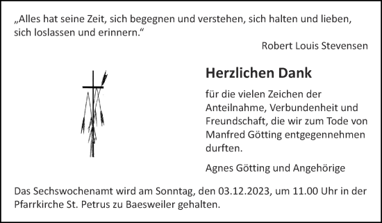 Traueranzeige von Manfred Götting von Zeitung am Sonntag