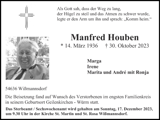 Traueranzeige von Manfred Houben von Zeitung am Sonntag