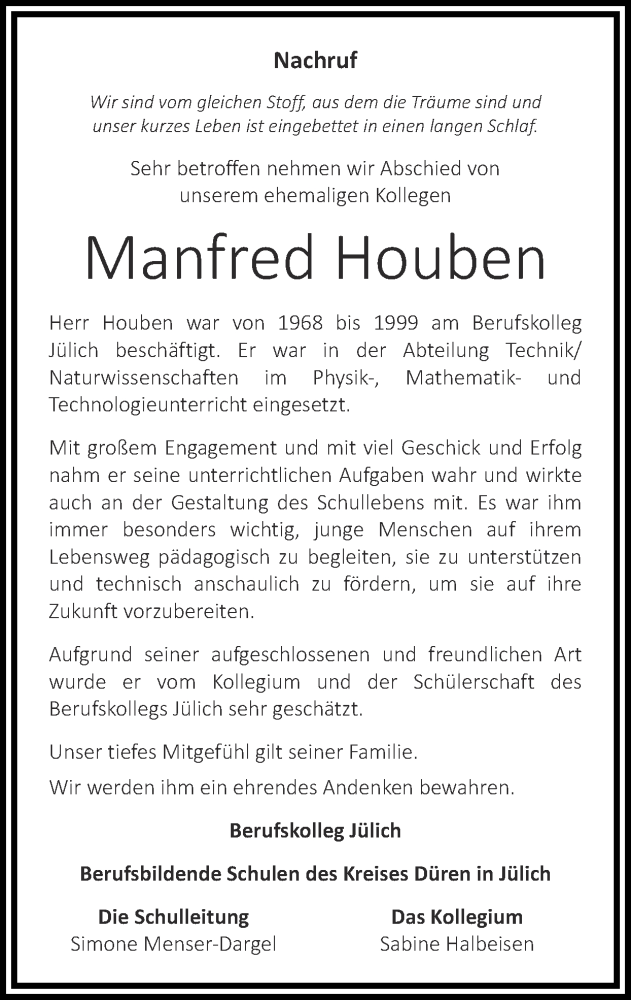  Traueranzeige für Manfred Houben vom 19.11.2023 aus Zeitung am Sonntag