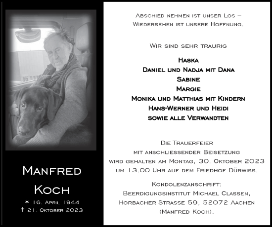 Traueranzeige von Manfred Koch von Zeitung am Sonntag
