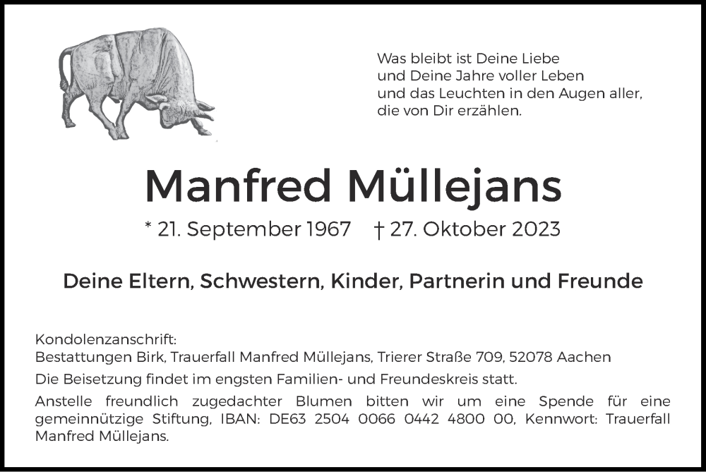  Traueranzeige für Manfred Müllejans vom 12.11.2023 aus Zeitung am Sonntag