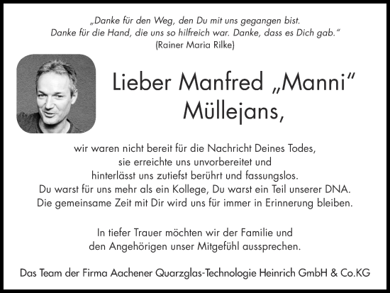 Traueranzeige von Manfred Müllejans von Zeitung am Sonntag