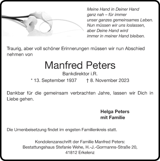 Traueranzeige von Manfred Peters von Zeitung am Sonntag