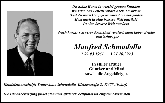 Traueranzeige von Manfred Schmadalla von Zeitung am Sonntag