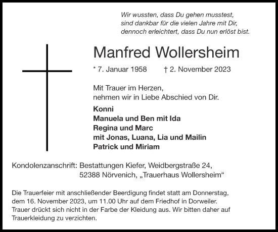 Traueranzeige von Manfred Wollersheim von Zeitung am Sonntag