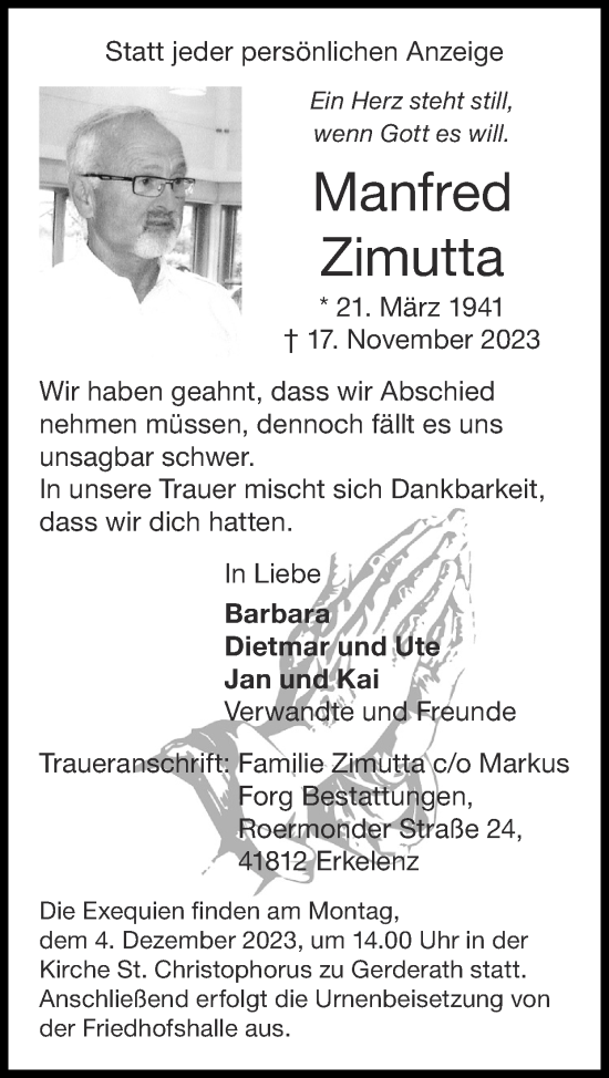 Traueranzeige von Manfred Zimutta von Zeitung am Sonntag