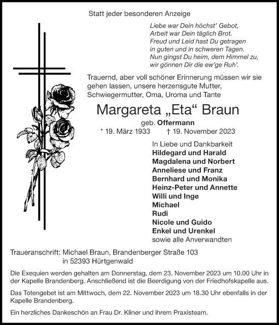 Traueranzeige von Margareta Braun von Aachener Zeitung