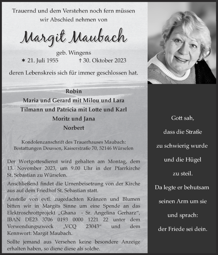 Traueranzeige für Margit Maubach vom 12.11.2023 aus Zeitung am Sonntag