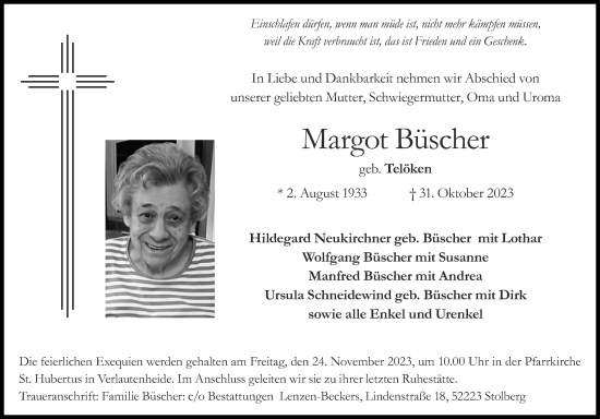 Traueranzeige von Margot Büscher von Zeitung am Sonntag