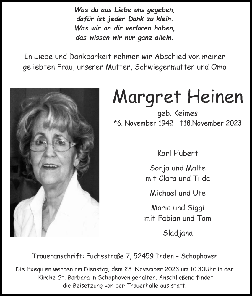  Traueranzeige für Margret Heinen vom 26.11.2023 aus Zeitung am Sonntag