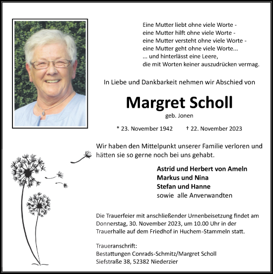 Traueranzeige von Margret Scholl von Zeitung am Sonntag