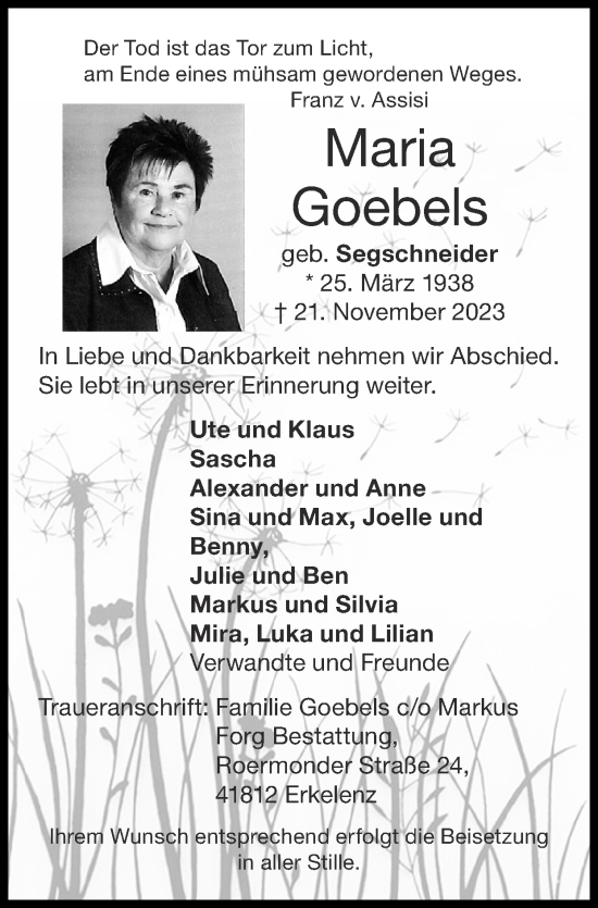 Traueranzeige von Maria Goebels von Zeitung am Sonntag