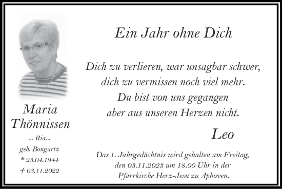 Traueranzeige von Maria Thönnissen von Zeitung am Sonntag
