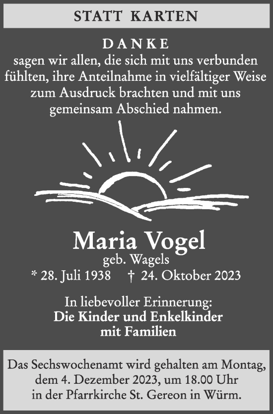 Traueranzeige von Maria Vogel von Zeitung am Sonntag