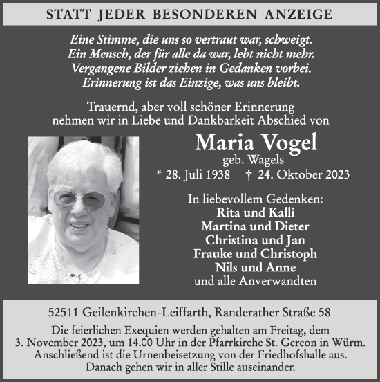 Traueranzeige von Maria Vogel von Zeitung am Sonntag