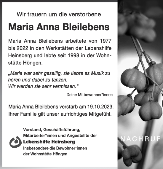 Traueranzeige von Maria Anna Bleilebens von Zeitung am Sonntag