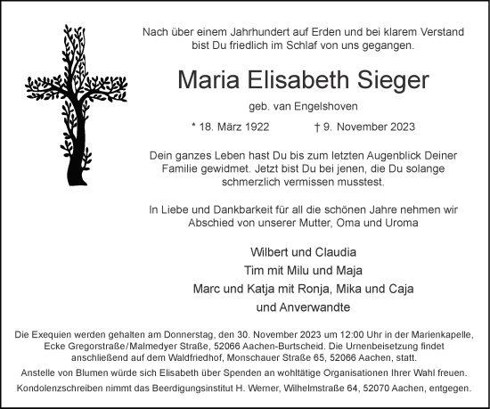 Traueranzeige von Maria Elisabeth Sieger von Aachener Zeitung