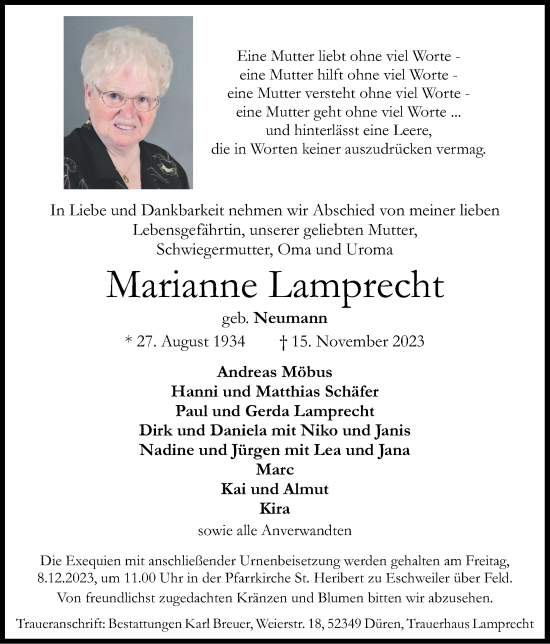 Traueranzeige von Marianne Lamprecht von Zeitung am Sonntag