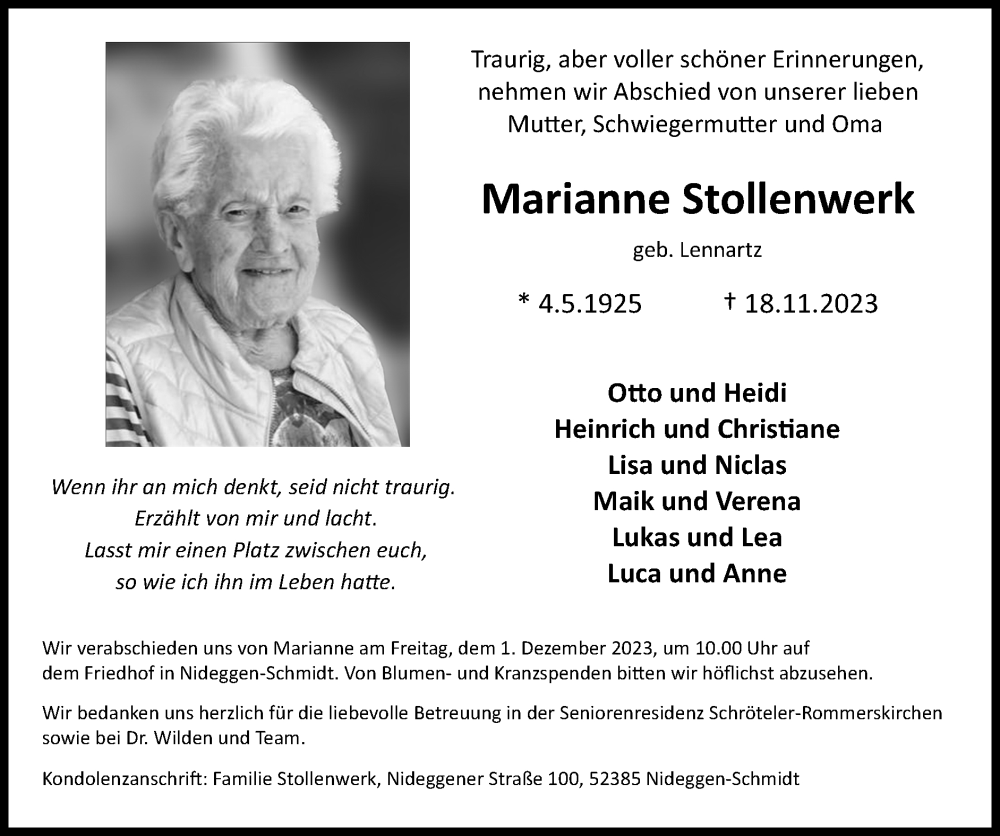  Traueranzeige für Marianne Stollenwerk vom 26.11.2023 aus Zeitung am Sonntag