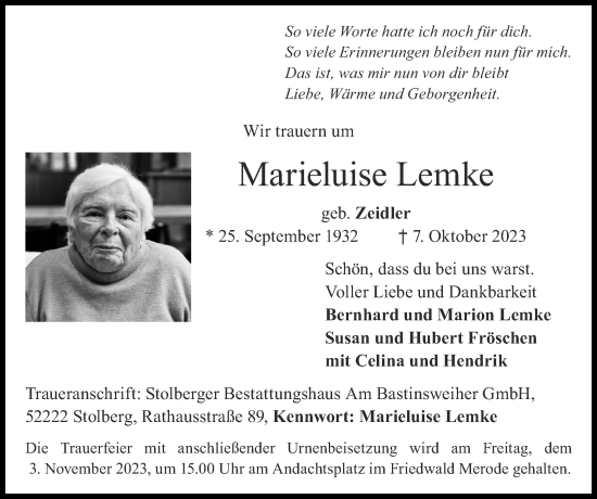 Traueranzeige von Marieluise Lemke von Zeitung am Sonntag