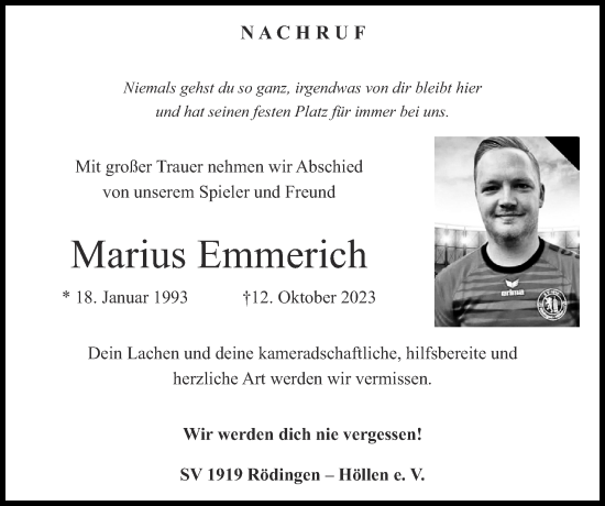 Traueranzeige von Marius Emmerich von Zeitung am Sonntag