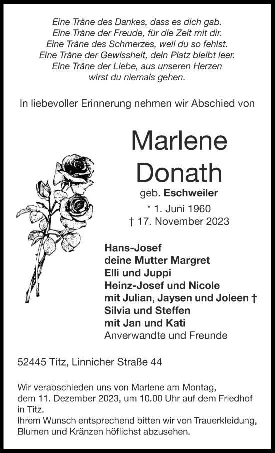 Traueranzeige von Marlene Donath von Zeitung am Sonntag