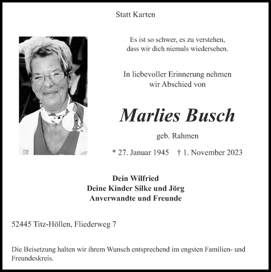 Traueranzeige von Marlies Busch von Zeitung am Sonntag