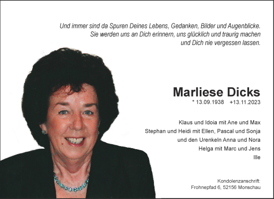 Traueranzeige von Marliese Dicks von Aachener Zeitung