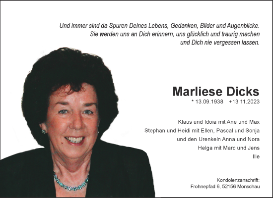 Traueranzeige von Marliese Dicks von Zeitung am Sonntag