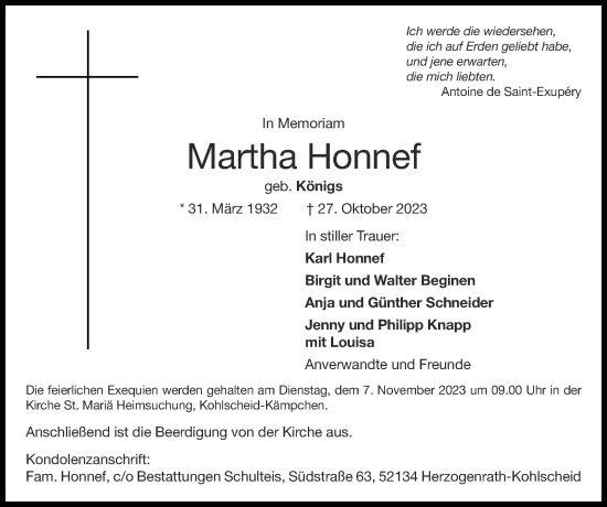 Traueranzeige von Martha Honnef von Zeitung am Sonntag