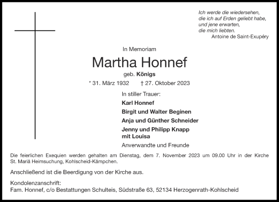 Traueranzeige von Martha Honnef von Aachener Zeitung