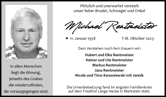 Traueranzeige von Michael Rentmeister von Zeitung am Sonntag