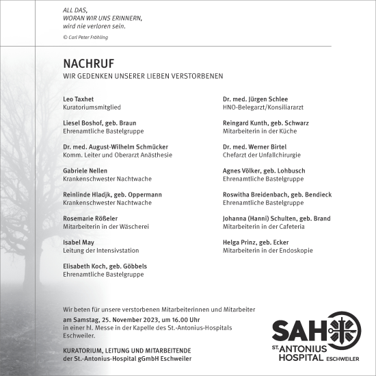 Traueranzeige von Nachruf SAH Eschweiler von Zeitung am Sonntag
