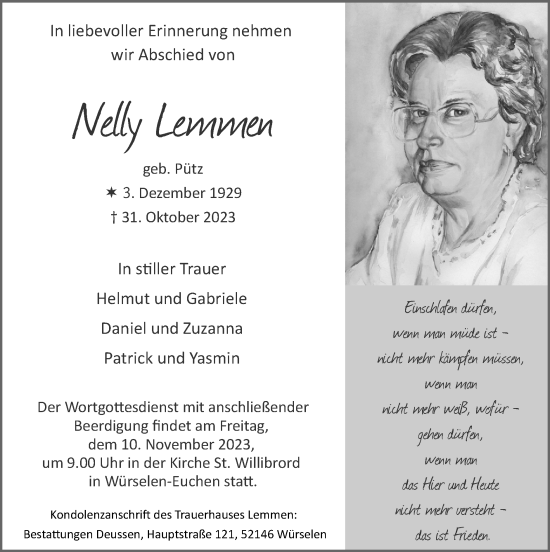 Traueranzeige von Nelly Lemmen von Zeitung am Sonntag