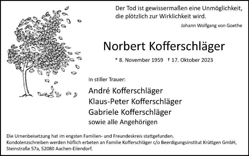  Traueranzeige für Norbert Kofferschläger vom 05.11.2023 aus Zeitung am Sonntag