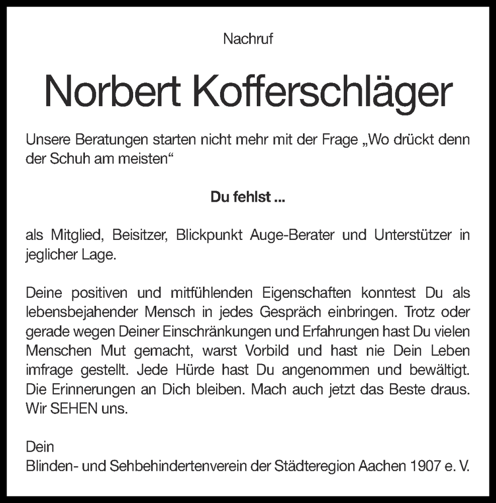  Traueranzeige für Norbert Kofferschläger vom 05.11.2023 aus Zeitung am Sonntag